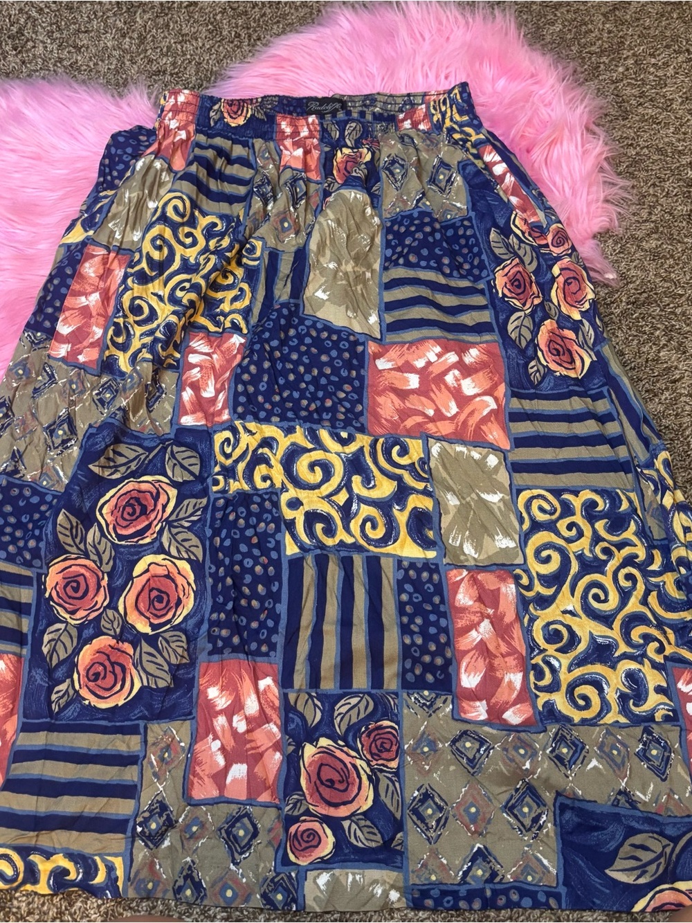 Vintage Radcliffe Patchwork Floral Rayon Midi Skirt Made in USA M